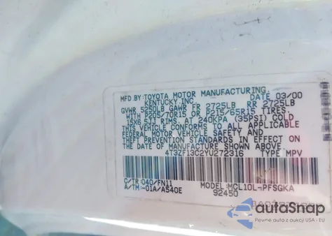 2000 Toyota Sienna Le/Xle из США, поврежденный, VIN 4T3ZF13C2YU272316